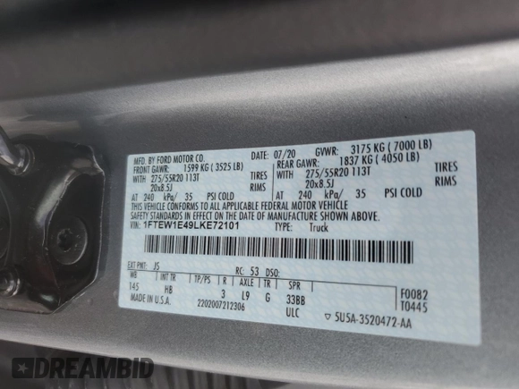2020 Ford F-150 XL with VIN 1FTEW1E49LKE72101, listed as a Copart auction lot 55880205 with 32,496 mi miles and Salvage title. Bid and sale history available at DreamBid. Image 12.