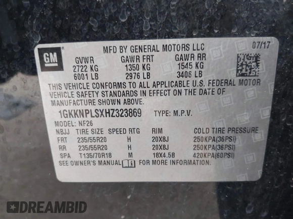 2017 GMC Acadia Denali with VIN 1GKKNPLSXHZ323869, listed as a IAAI auction lot 41600828 with 131,676 mi miles. Bid and sale history available at carsss.com. Image 9.