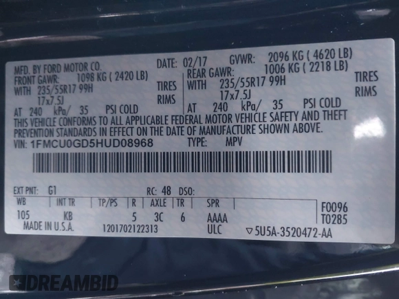 2017 Ford Escape SE with VIN 1FMCU0GD5HUD08968, listed as a IAAI auction lot 42008576 with 95,363 mi miles and . Bid and sale history available at DreamBid. Image 9.