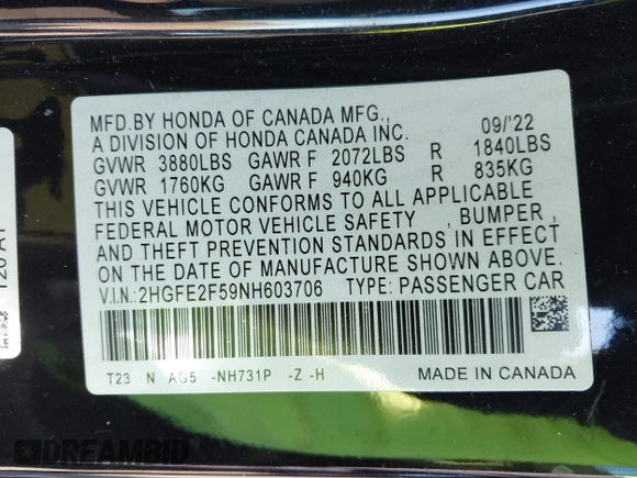 2022 Honda Civic Sport with VIN 2HGFE2F59NH603706, listed as a IAAI auction lot 41817763 with 82,285 mi miles. Bid and sale history available at carsss.com. Image 9.