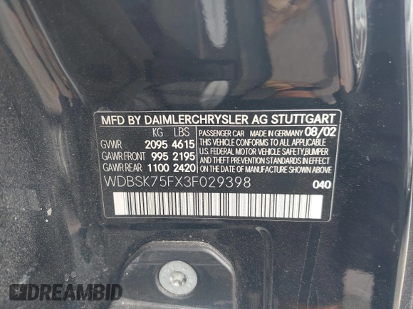 2003 Mercedes-Benz SL 500 with VIN WDBSK75FX3F029398, listed as a IAAI auction lot 42289295 with Not provided miles and . Bid and sale history available at DreamBid. Image 9.
