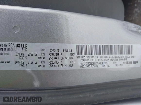 2017 Dodge Grand Caravan SE with VIN 2C4RDGBG6HR854314, listed as a IAAI auction lot 41576834 with 128,129 mi miles and . Bid and sale history available at DreamBid. Image 9.