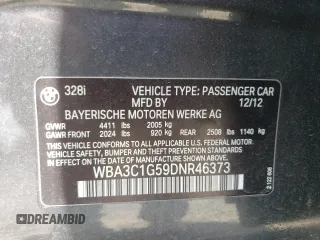 2013 BMW 3 Series 328i z VIN WBA3C1G59DNR46373, wystawiony jako Copart lot #60681655 z przebiegiem 145 678 mil mil oraz Szkoda całkowita • Salvage title. Historia ofert i sprzedaży dostępna na DreamBid. Obrazek 12.