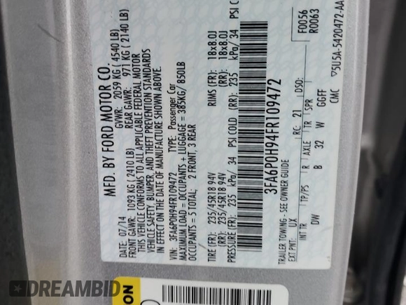 2015 Ford Fusion SE with VIN 3FA6P0H94FR109472, listed as a Copart auction lot 51715765 with 100,831 mi miles and Salvage Title. Bid and sale history available at carsss.com. Image 12.