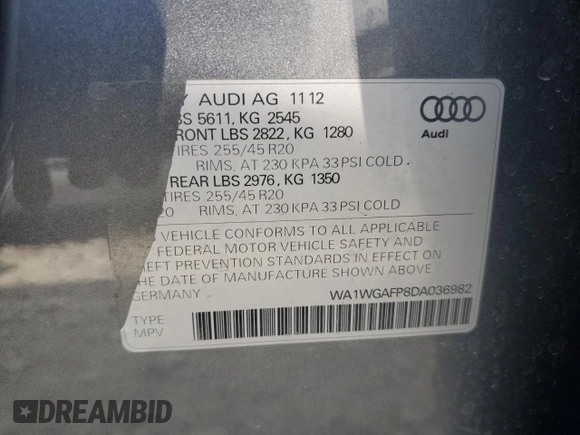2013 Audi Q5 Prestige with VIN WA1WGAFP8DA036982, listed as a Copart auction lot 61830655 with 82,801 mi miles and Salvage title. Bid and sale history available at DreamBid. Image 13.