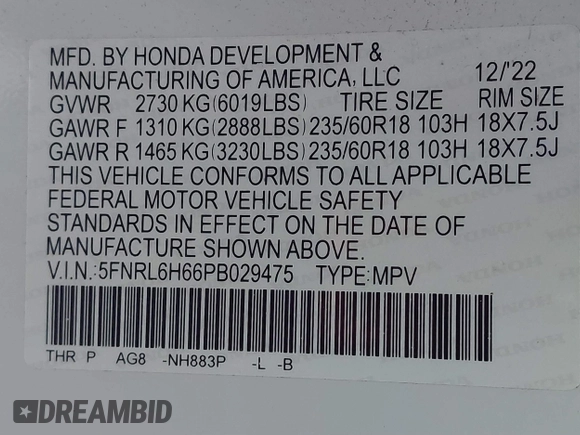 2023 Honda Odyssey EX-L with VIN 5FNRL6H66PB029475, listed as a IAAI auction lot 41128411 with 49,662 mi miles. Bid and sale history available at carsss.com. Image 9.