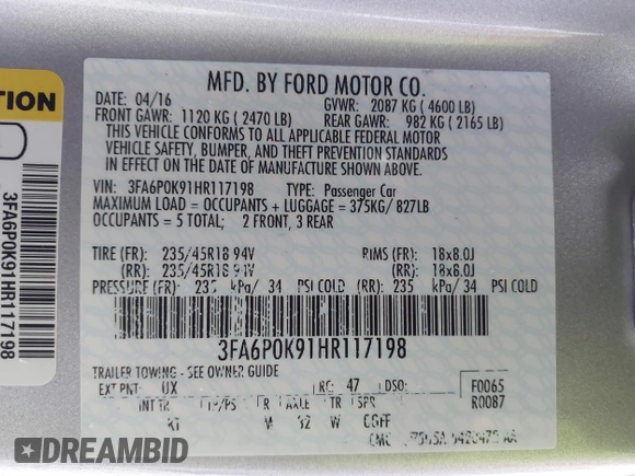 2017 Ford Fusion Titanium with VIN 3FA6P0K91HR117198, listed as a IAAI auction lot 41346552 with 76,951 mi miles. Bid and sale history available at carsss.com. Image 9.