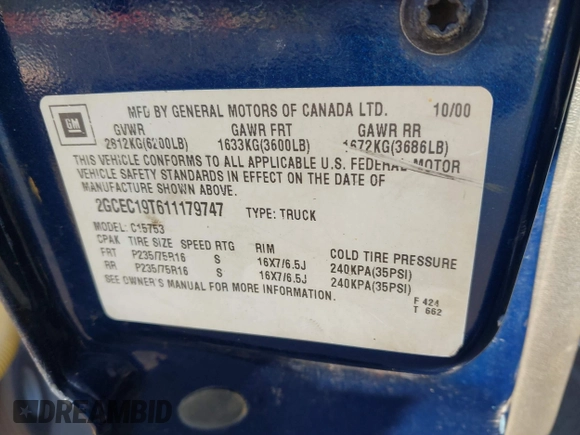 2001 Chevrolet Silverado 1500 LS with VIN 2GCEC19T611179747, listed as a IAAI auction lot 41470758 with Not Provided miles and . Bid and sale history available at DreamBid. Image 9.