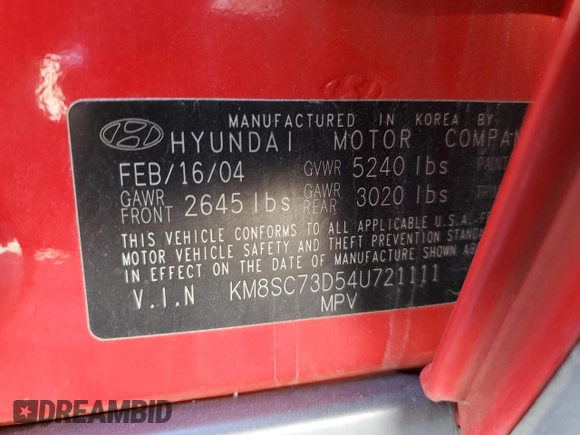 2004 Hyundai Santa Fe GLS with VIN KM8SC73D54U721111, listed as a Copart auction lot 47369755 with 152,933 mi miles and Salvage Title. Bid and sale history available at carsss.com. Image 15.