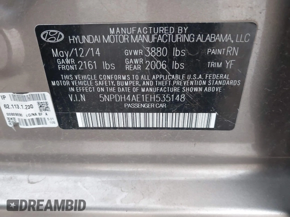 2014 Hyundai Elantra SE with VIN 5NPDH4AE1EH535148, listed as a IAAI auction lot 42006141 with 151,578 mi miles and . Bid and sale history available at DreamBid. Image 9.