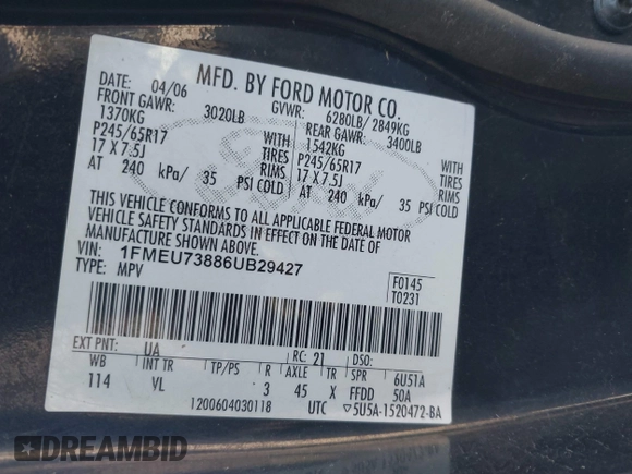 2006 Ford Explorer XLT with VIN 1FMEU73886UB29427, listed as a IAAI auction lot 41498336 with 240,388 mi miles. Bid and sale history available at carsss.com. Image 9.