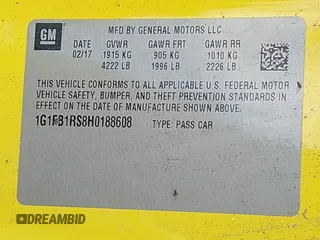 2017 Chevrolet Camaro 1LT with VIN 1G1FB1RS8H0188608, listed as a IAAI auction lot 42209065 with Not Provided miles and . Bid and sale history available at DreamBid. Image 9.