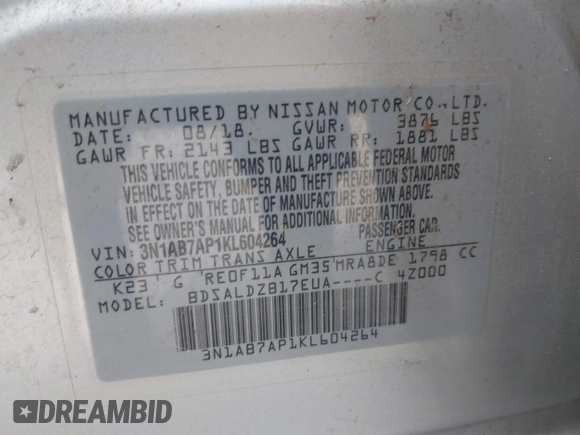 2019 Nissan Sentra SV z VIN 3N1AB7AP1KL604264, wystawiony jako IAAI lot #42304142 z przebiegiem 87 506 mil mil oraz . Historia ofert i sprzedaży dostępna na DreamBid. Obrazek 9.