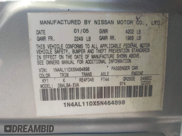 2005 Nissan Altima 2.5 S with VIN 1N4AL11DX5N464898, listed as a IAAI auction lot 41180816 with 150,312 mi miles. Bid and sale history available at carsss.com. Image 9.