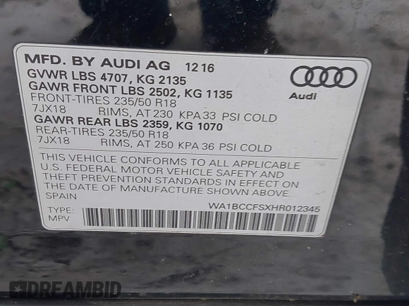 2017 Audi Q3 Premium with VIN WA1BCCFSXHR012345, listed as a IAAI auction lot 41589844 with 125,044 mi miles and . Bid and sale history available at DreamBid. Image 9.
