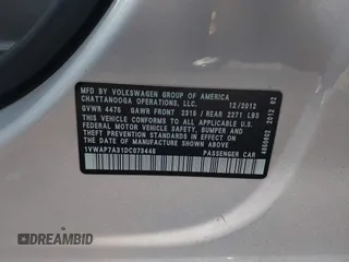 2013 Volkswagen Passat S with VIN 1VWAP7A31DC073445, listed as a IAAI auction lot 41776843 with 212,259 mi miles and . Bid and sale history available at DreamBid. Image 9.