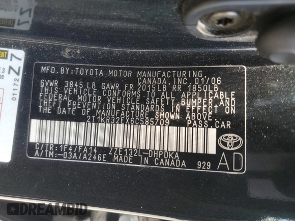 2006 Toyota Matrix STD z VIN 2T1KR32EX6C585709, wystawiony jako Copart lot #59258405 z przebiegiem 126 970 mil mil oraz Szkoda całkowita • Salvage title. Historia ofert i sprzedaży dostępna na DreamBid. Obrazek 13.