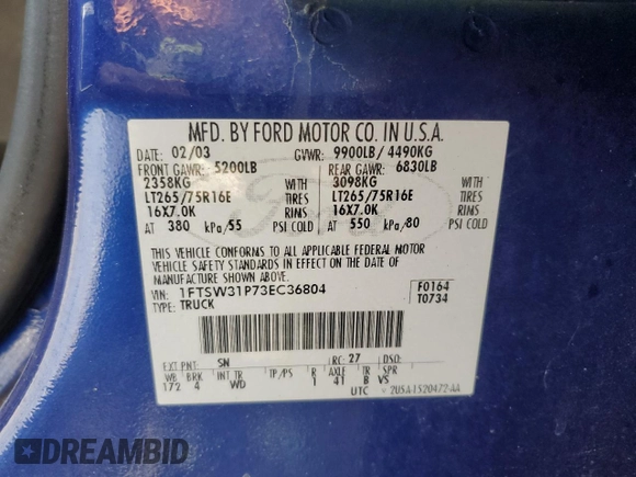 2003 Ford F-350 XL with VIN 1FTSW31P73EC36804, listed as a Copart auction lot 53240905 with Not provided miles and Salvage title. Bid and sale history available at DreamBid. Image 13.