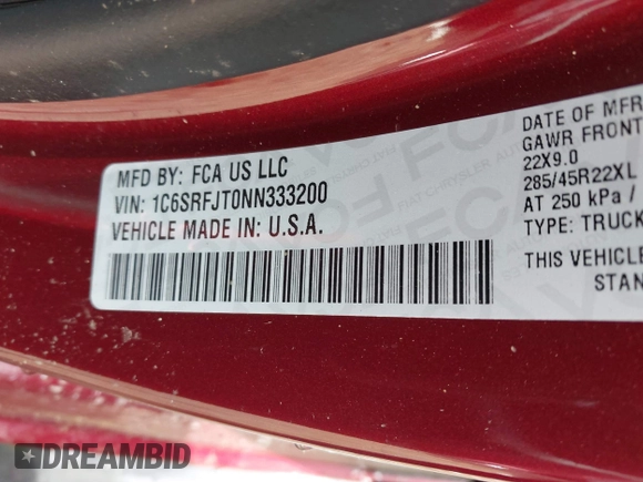 2022 Ram 1500 Laramie z VIN 1C6SRFJT0NN333200, wystawiony jako IAAI lot #42217219 z przebiegiem 27 332 mil mil oraz . Historia ofert i sprzedaży dostępna na DreamBid. Obrazek 9.