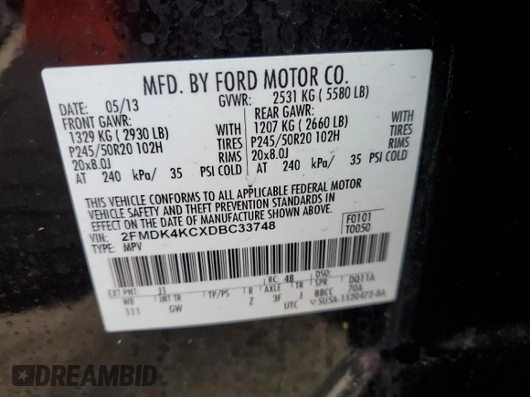 2013 Ford Edge Limited z VIN 2FMDK4KCXDBC33748, wystawiony jako Copart lot #74300874 z przebiegiem Nie podano mil oraz Szkoda całkowita • Salvage title. Historia ofert i sprzedaży dostępna na DreamBid. Obrazek 14.