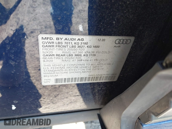 2021 Audi e-tron Premium Plus z VIN WA1LAAGE3MB018496, wystawiony jako IAAI lot #41898780 z przebiegiem 73 133 mil mil oraz . Historia ofert i sprzedaży dostępna na DreamBid. Obrazek 9.