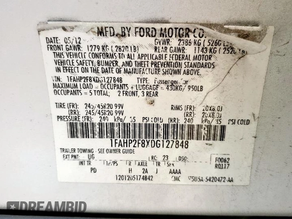 2013 Ford Taurus Limited with VIN 1FAHP2F8XDG127848, listed as a Copart auction lot 66265075 with 103,427 mi miles and Clean title. Bid and sale history available at DreamBid. Image 12.
