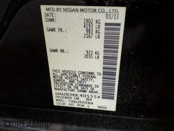2013 Nissan LEAF SL with VIN 1N4AZ0CPXDC405554, listed as a Copart auction lot 52554505 with 65,153 mi miles and Clean Title. Bid and sale history available at DreamBid. Image 12.