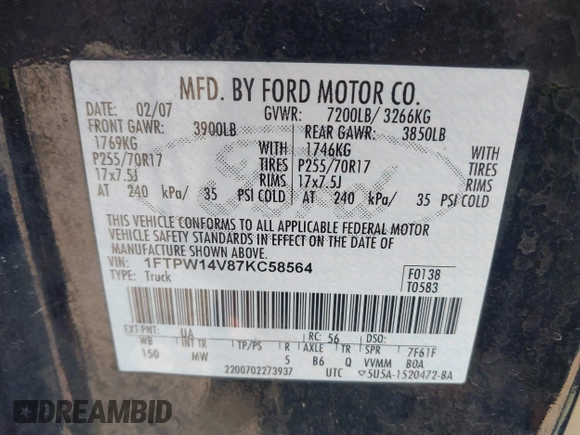 2007 Ford F-150 XLT with VIN 1FTPW14V87KC58564, listed as a IAAI auction lot 42469762 with 168,314 mi miles and . Bid and sale history available at DreamBid. Image 9.