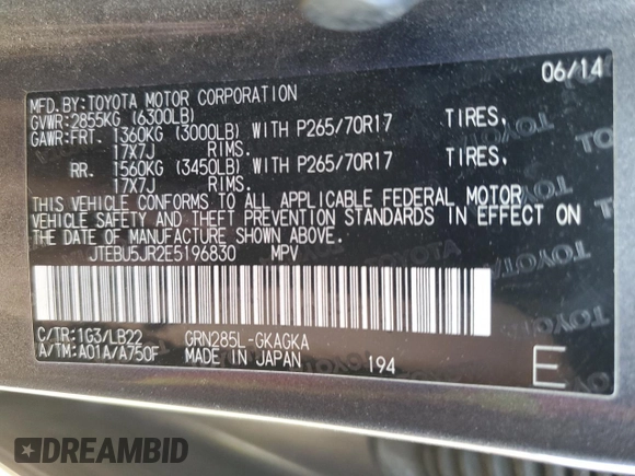 2014 Toyota 4Runner Limited with VIN JTEBU5JR2E5196830, listed as a Copart auction lot 41996595 with 170,755 mi miles and Salvage Title. Bid and sale history available at DreamBid. Image 15.