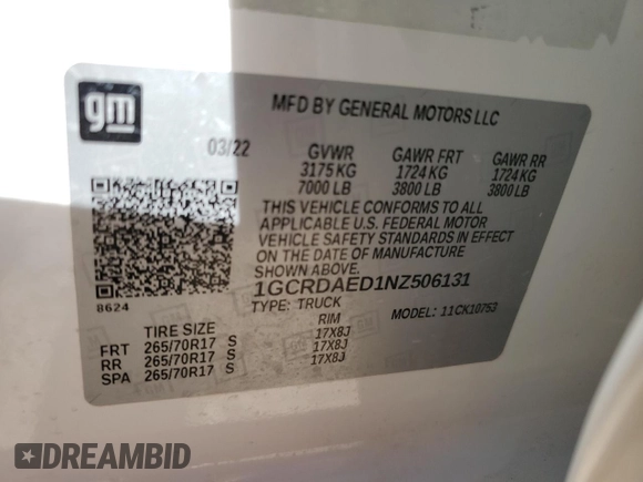 2022 Chevrolet Silverado 1500 Work Truck with VIN 1GCRDAED1NZ506131, listed as a Copart auction lot 44054255 with 103,083 mi miles and Clean Title. Bid and sale history available at DreamBid. Image 12.