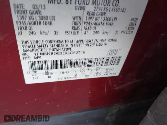 2013 Ford Explorer XLT z VIN 1FM5K8D83DGC52719, wystawiony jako IAAI lot #41774303 z przebiegiem 137 090 mil mil oraz . Historia ofert i sprzedaży dostępna na DreamBid. Obrazek 9.