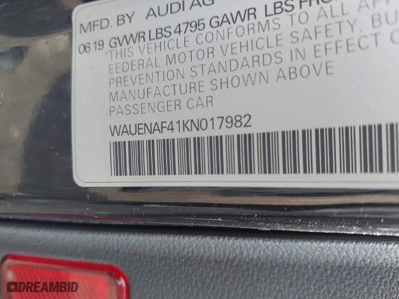 2019 Audi A4 Premium Plus with VIN WAUENAF41KN017982, listed as a IAAI auction lot 41775456 with 89900 miles. Bid and sale history available at carsss.com. Image 9.
