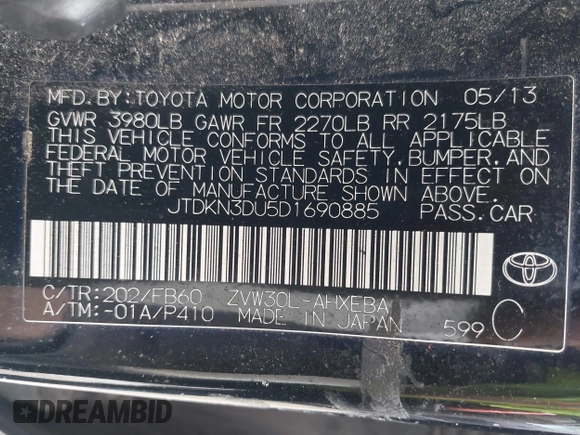 2013 Toyota Prius One with VIN JTDKN3DU5D1690885, listed as a IAAI auction lot 41897813 with 279,984 mi miles. Bid and sale history available at carsss.com. Image 9.