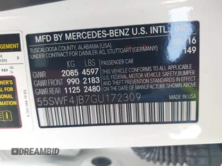 2016 Mercedes-Benz C 300 with VIN 55SWF4JB7GU172309, listed as a IAAI auction lot 42471452 with 52,781 mi miles and . Bid and sale history available at DreamBid. Image 9.