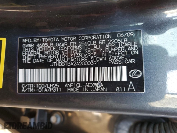 2010 Lexus HS 250h with VIN JTHBB1BA2A2000391, listed as a Copart auction lot 42598355 with 149,008 mi miles and Salvage Title. Bid and sale history available at DreamBid. Image 12.