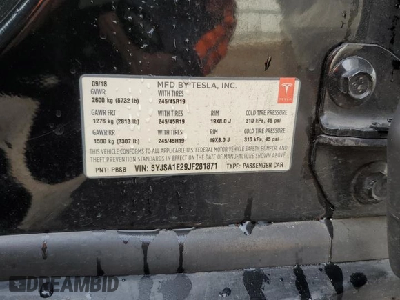 2018 Tesla Model S 75D with VIN 5YJSA1E29JF281871, listed as a Copart auction lot 50743825 with 118,516 mi miles and Salvage Title. Bid and sale history available at DreamBid. Image 13.