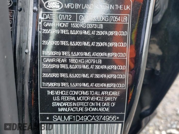 2012 Land Rover Range Rover HSE Lux with VIN SALMF1D49CA374956, listed as a Copart auction lot 59733835 with 113,390 mi miles and Salvage title. Bid and sale history available at DreamBid. Image 13.