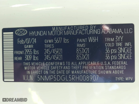 2024 Hyundai Santa Fe Calligraphy with VIN 5NMP5DGL5RH008907, listed as a IAAI auction lot 41451681 with 6,159 mi miles. Bid and sale history available at carsss.com. Image 9.