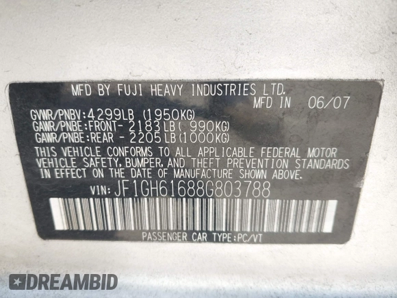 2008 Subaru Impreza i z VIN JF1GH61688G803788, wystawiony jako IAAI lot #42309465 z przebiegiem 186 524 mil mil oraz . Historia ofert i sprzedaży dostępna na DreamBid. Obrazek 9.
