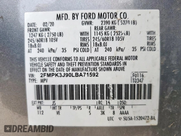 2020 Ford Edge SEL with VIN 2FMPK3J90LBA71592, listed as a Copart auction lot 62362655 with 100,040 mi miles and Salvage title. Bid and sale history available at DreamBid. Image 13.