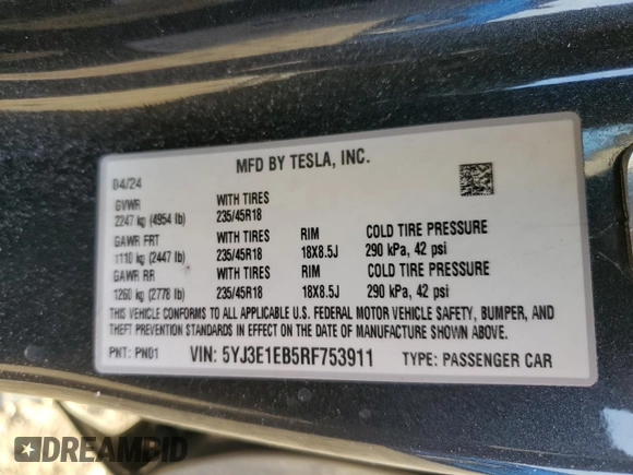 2024 Tesla Model 3 Long Range with VIN 5YJ3E1EB5RF753911, listed as a Copart auction lot 45477385 with 12,164 mi miles and Salvage Title. Bid and sale history available at DreamBid. Image 14.