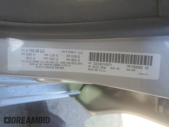 2015 Chrysler 200 Limited with VIN 1C3CCCAB1FN702771, listed as a Copart auction lot 50068535 with 173,020 mi miles and Salvage Title. Bid and sale history available at DreamBid. Image 12.