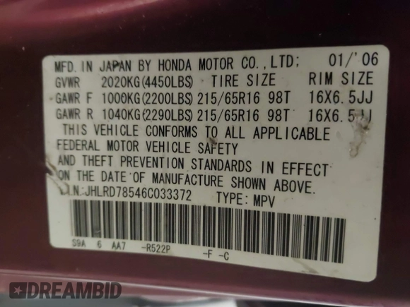 2006 Honda CR-V LX with VIN JHLRD78546C033372, listed as a IAAI auction lot 41494094 with 179,465 mi miles and . Bid and sale history available at carsss.com. Image 9.