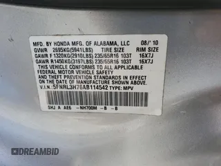2010 Honda Odyssey EX-L with VIN 5FNRL3H76AB114542, listed as a Copart auction lot 54785425 with 104,239 mi miles and Salvage Title. Bid and sale history available at DreamBid. Image 14.