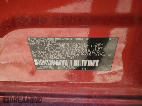 2012 Toyota RAV4 with VIN 2T3BF4DV0CW201756, listed as a Copart auction lot 46877485 with 0 mi miles and Clean Title. Bid and sale history available at carsss.com. Image 13.