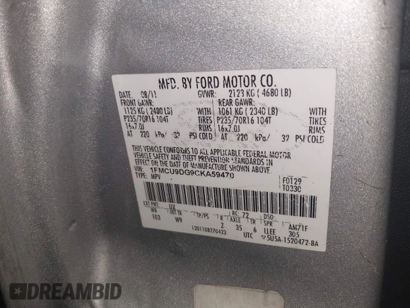2012 Ford Escape XLT с VIN 1FMCU9DG9CKA59470, выставлен на аукционе IAAI как лот 42523693 с пробегом 176 941 миль миль и . История ставок и продаж доступна на DreamBid. Изображение 9.