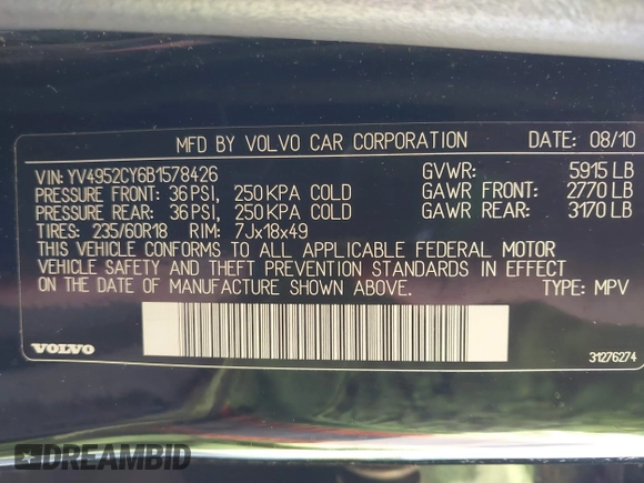 2011 Volvo XC90 I6 с VIN YV4952CY6B1578426, выставлен на аукционе IAAI как лот 41682870 с пробегом 203 012 миль миль и . История ставок и продаж доступна на DreamBid. Изображение 9.