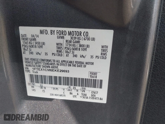 2014 Ford F-150 XL with VIN 1FTEX1CM6EKE29693, listed as a IAAI auction lot 41485667 with 95,296 mi miles and . Bid and sale history available at DreamBid. Image 9.