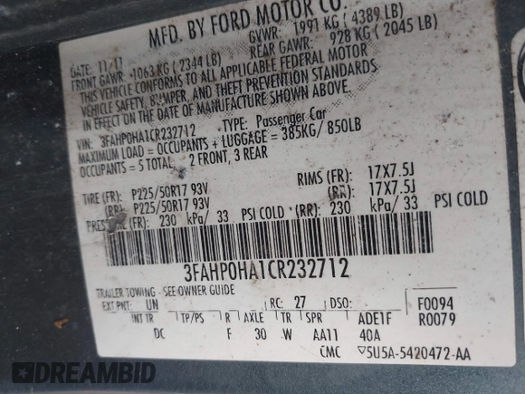 2012 Ford Fusion SE with VIN 3FAHP0HA1CR232712, listed as a IAAI auction lot 42097022 with 156,757 mi miles. Bid and sale history available at carsss.com. Image 9.