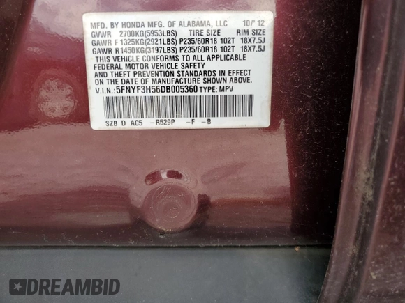 2013 Honda Pilot EX-L with VIN 5FNYF3H56DB005360, listed as a Copart auction lot 55583715 with Not Provided miles and Clean Title. Bid and sale history available at DreamBid. Image 13.